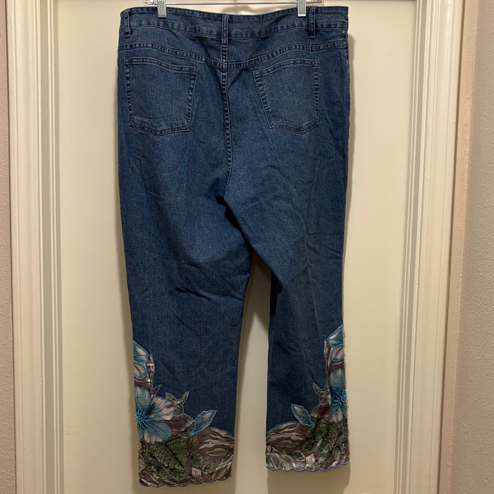Soft Surroundings Blue Denim Cropped Jeans with Floral Embroidered Ankles - Picture 3 of 3